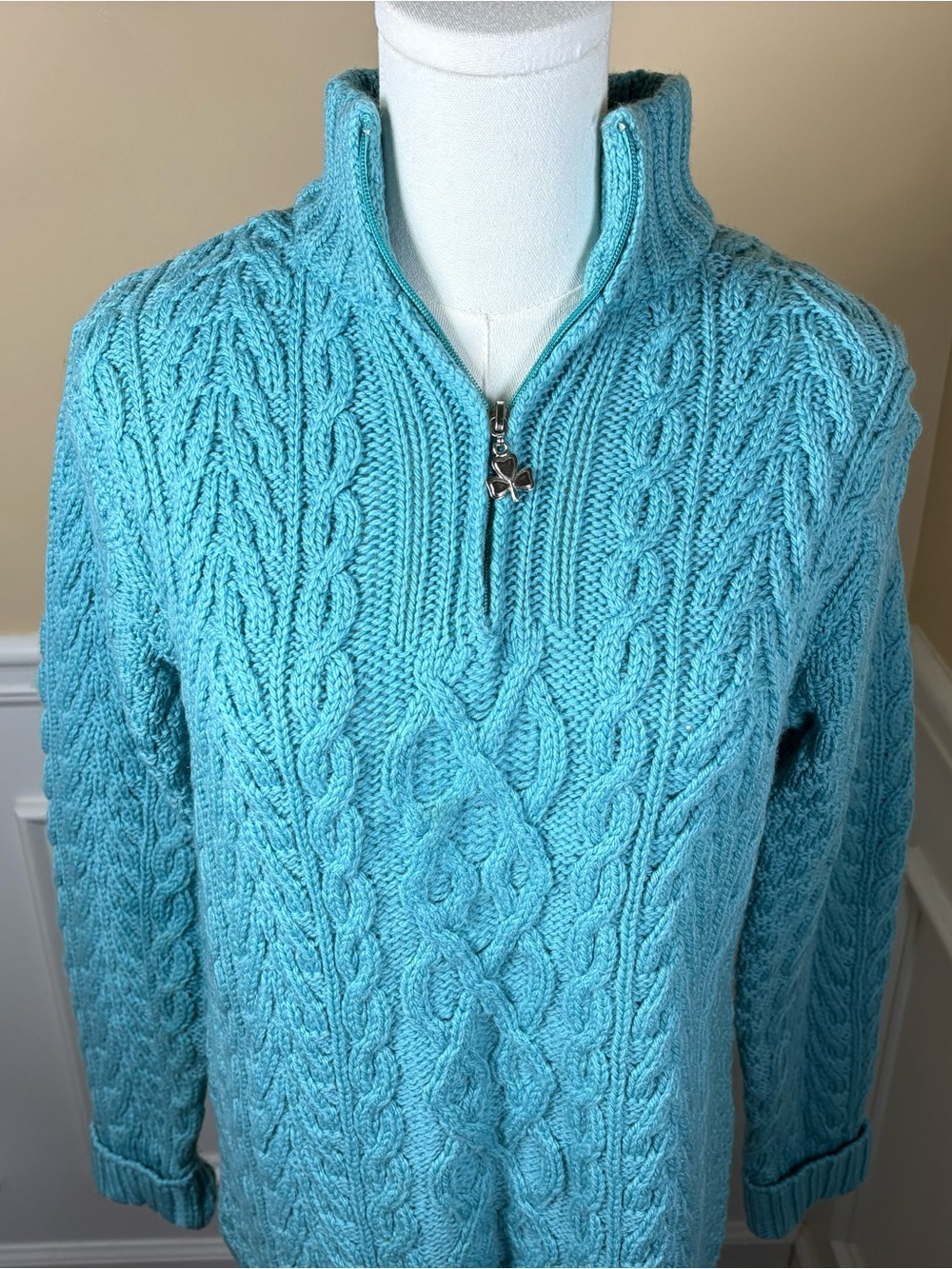 🍀 Aran Crafts XS Turquoise Merino Wool Cable Knit Quarter Zip Sweater